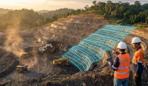 Insinyur geoteknik PT Pelita Isiana Pratama melakukan inspeksi stabilitas lereng tambang batubara di Kalimantan.