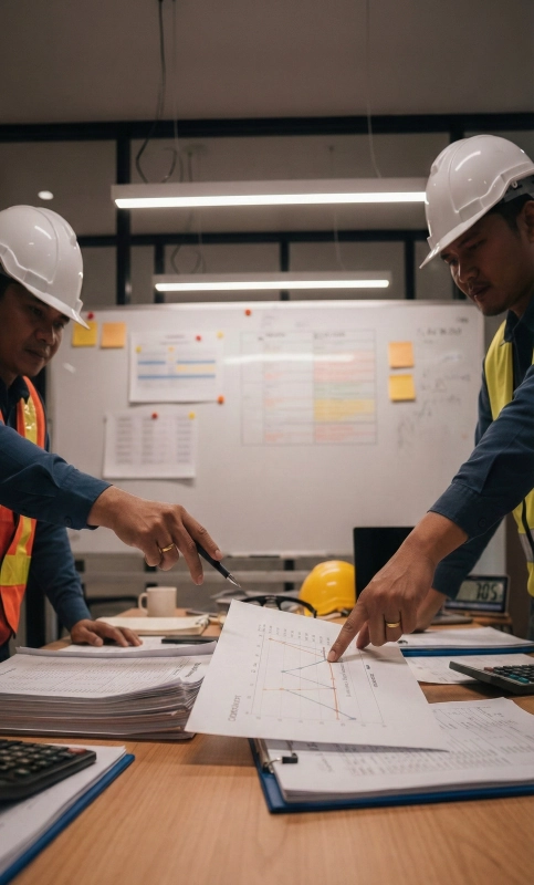 Project management team reviewing contract documents and construction cost control.
