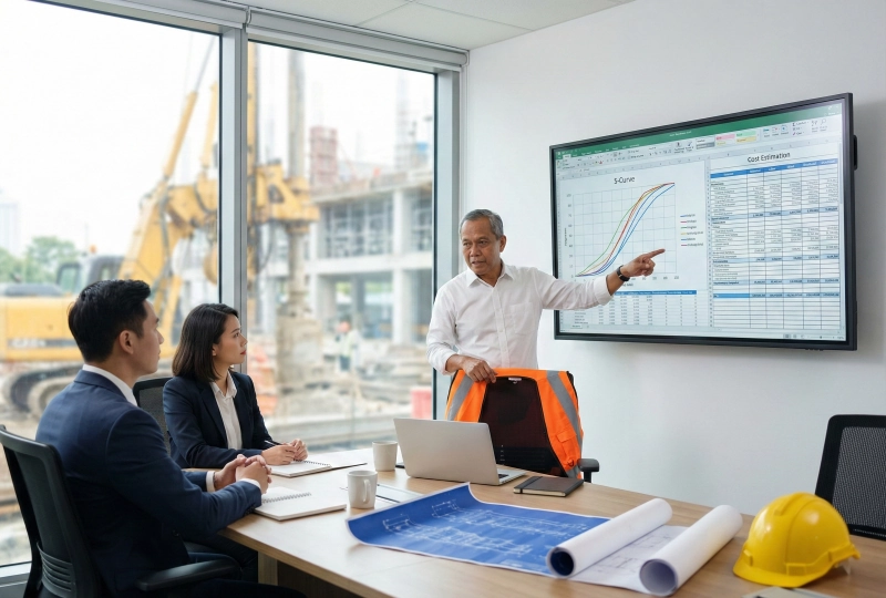 Construction Project Manager presenting S-Curve schedule and cost estimation (RAB) as part of Project Management Consultancy services.