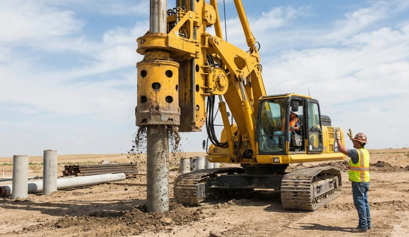 Hydraulic piling rig driving spun pile foundation for fuel tank.