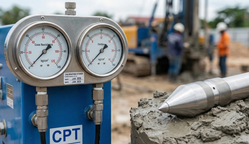 Foto close-up resolusi tinggi manometer ganda pada mesin CPT dengan stiker kalibrasi Januari 2026, bersebelahan dengan mata konus sondir logam di atas sampel tanah di lokasi proyek konstruksi.