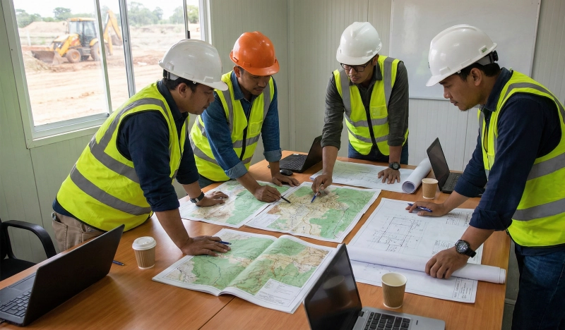 Civil engineering team discussing FEED design plans over a topography map.