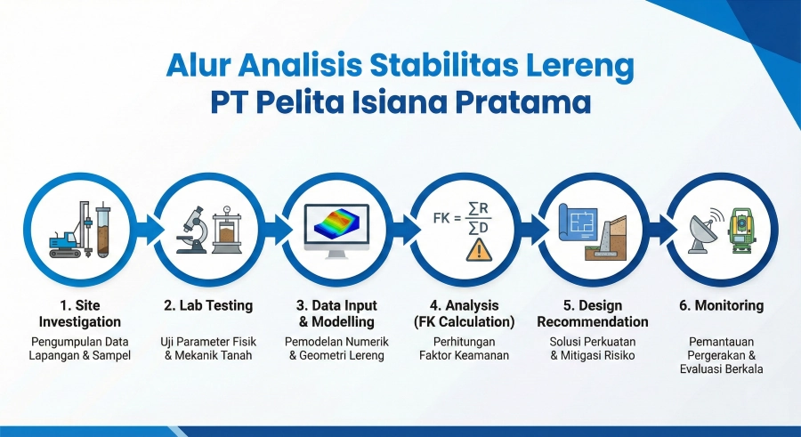 Six-step flowchart diagram of PT Pelita Isiana Pratama's slope stability analysis workflow, from field investigation to monitoring.