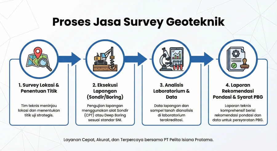 Infografis diagram alur 4 tahapan proses jasa survei geoteknik oleh PT Pelita Isiana Pratama, mulai dari survei lokasi, eksekusi lapangan (sondir/boring), analisis laboratorium, hingga laporan rekomendasi pondasi untuk syarat PBG.