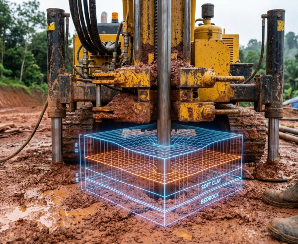 Rig pengeboran investigasi geoteknik melakukan uji SPT untuk analisis perbaikan tanah di Balikpapan, dilapisi dengan data strata tanah 3D digital.