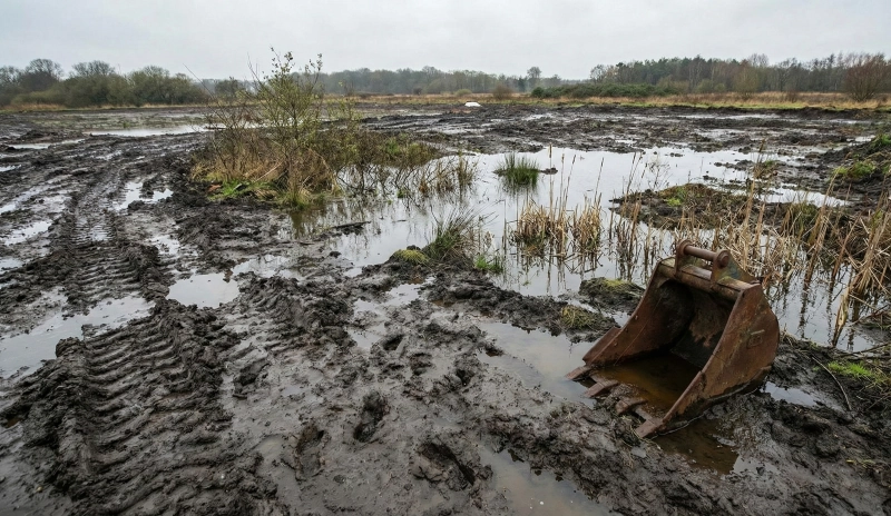 Kondisi lahan rawa dan tanah lunak di lokasi proyek sebelum konstruksi.