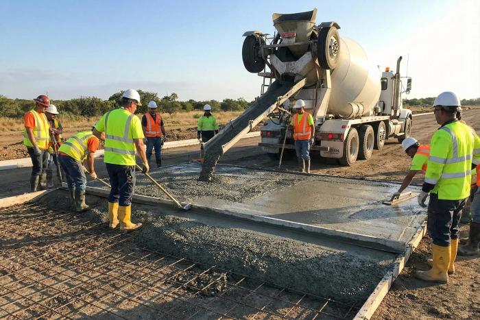Konstruksi jalan beton rigid pavement menggunakan tulangan wiremesh dan beton ready-mix.