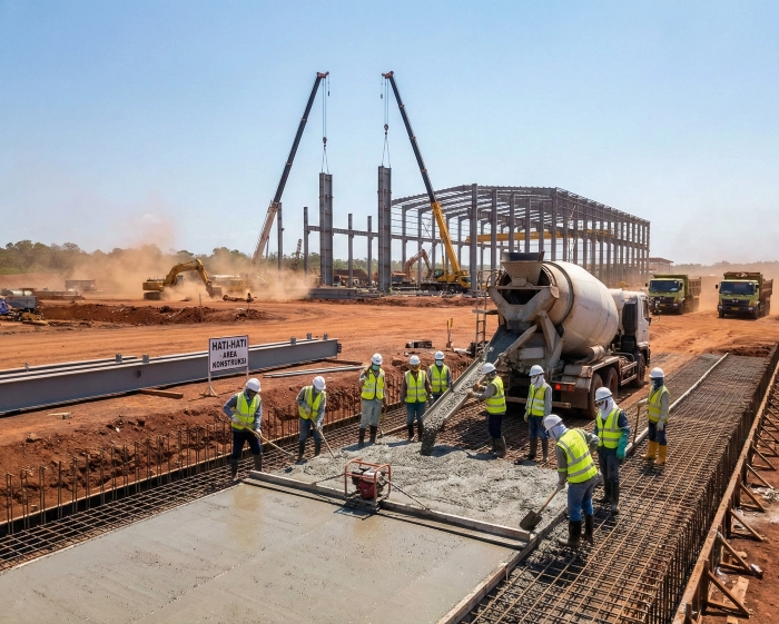 Tim konstruksi sipil sedang mengecor beton untuk jalan rigid pavement heavy-duty (BS001) dengan latar belakang pembangunan gudang baja industri (BG003).