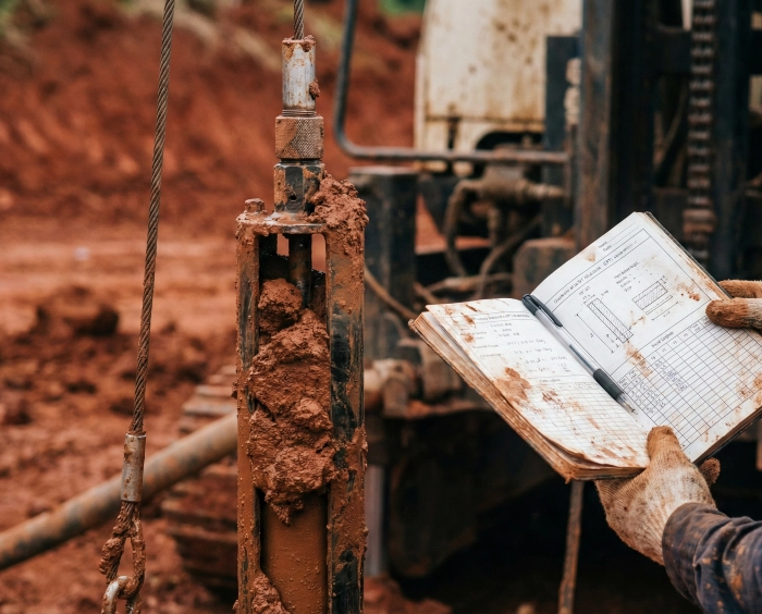 Lokasi konstruksi yang menampilkan pemasangan tiang pancang yang efisien, merepresentasikan optimasi biaya melalui data geoteknik yang akurat.