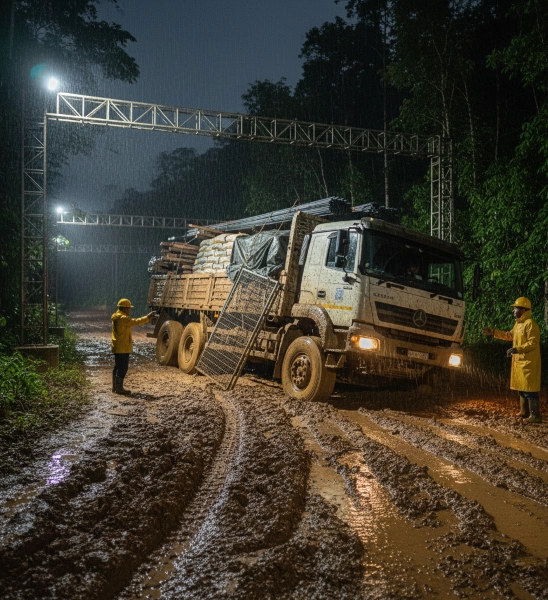 Transporting construction materials through muddy mining access roads.