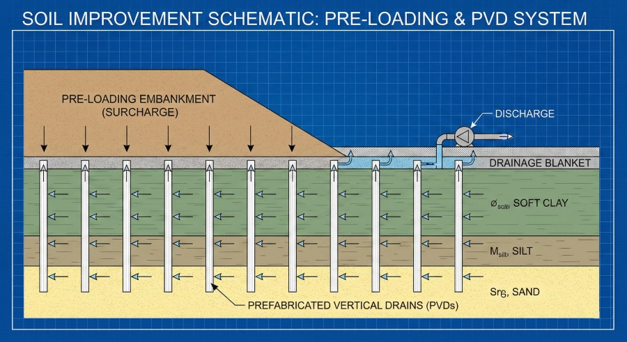 Schematic of soil improvement method using PVD and Preloading.
