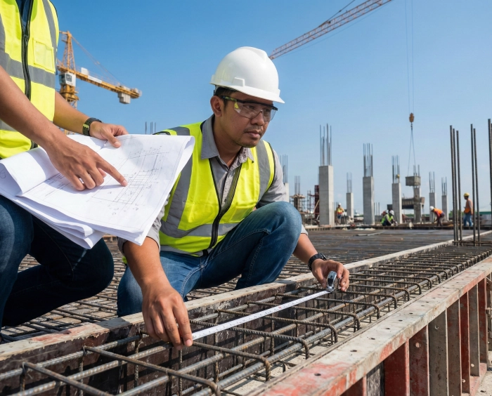 QA/QC Inspector checking steel reinforcement compliance on a construction site.