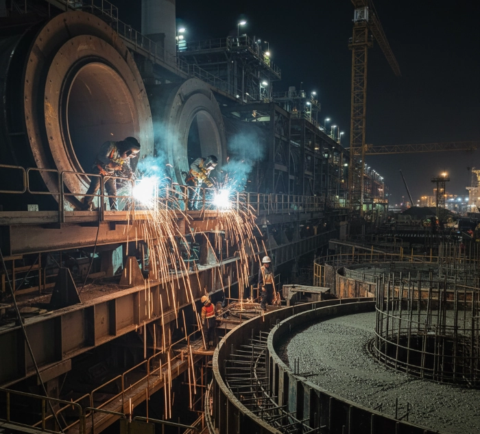Steel structure construction work and concrete pouring at the PLTU site.