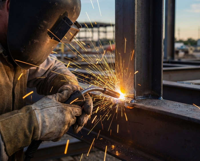 Professional welding of steel structural beams for industrial warehouse construction.