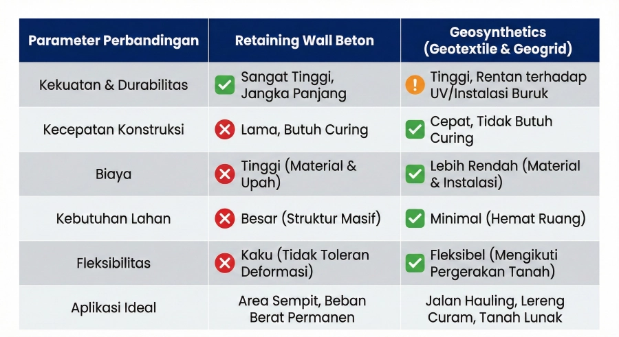 Tabel perbandingan kelebihan dan kekurangan antara Dinding Penahan Tanah Beton dan Geosynthetics (Geotextile & Geogrid).