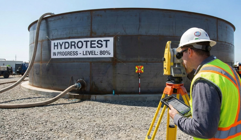 Surveyor conducting settlement monitoring during tank hydrotest.