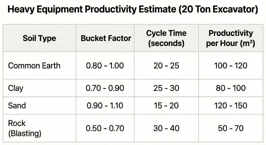 Data table titled "Estimasi Produktivitas Alat Berat (Excavator 20 Ton)" displaying columns for Soil Type, Bucket Factor, Cycle Time, and Productivity per Hour for common earth, clay, sand, and rock.
