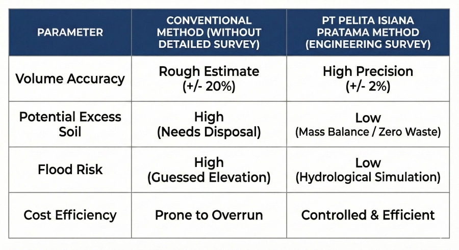 Comparison table of efficiency between the conventional method and PT Pelita Isiana Pratama's engineering survey method.