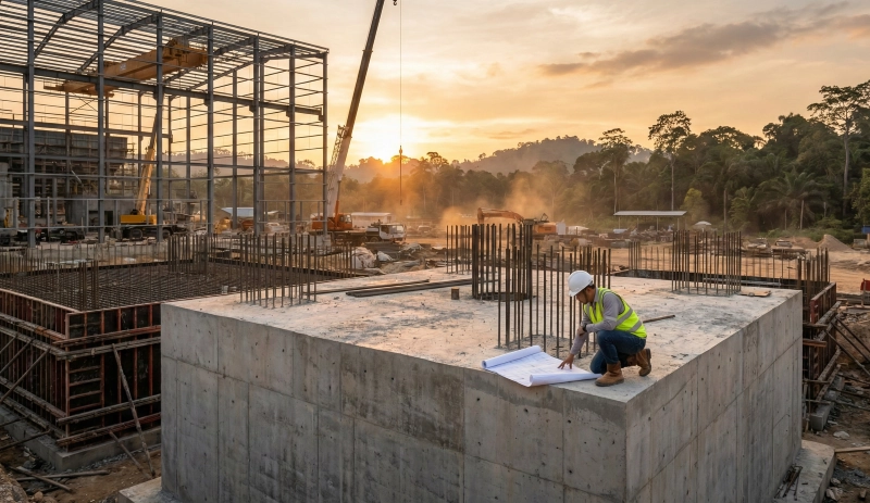 A PT Pelita Isiana Pratama structural engineer inspecting the rebar of a massive concrete block foundation at a large palm oil mill (PKS) construction site in Kalimantan at dusk.