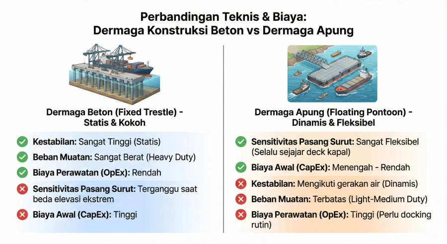 Technical and cost comparison table between concrete wharf construction (Fixed Trestle) and floating docks (Floating Pontoon).