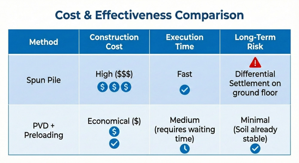 A matrix table comparing construction cost, execution time, and long-term risk between the Spun Pile method and PVD + Preloading.