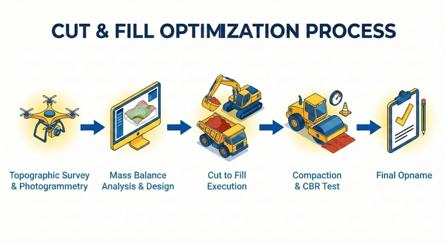 Infographic flowchart titled "Proses Optimasi Cut & Fill" with five iconic steps: Topographic Survey, Mass Balance Analysis, Execution, Compaction, and Final Opname.