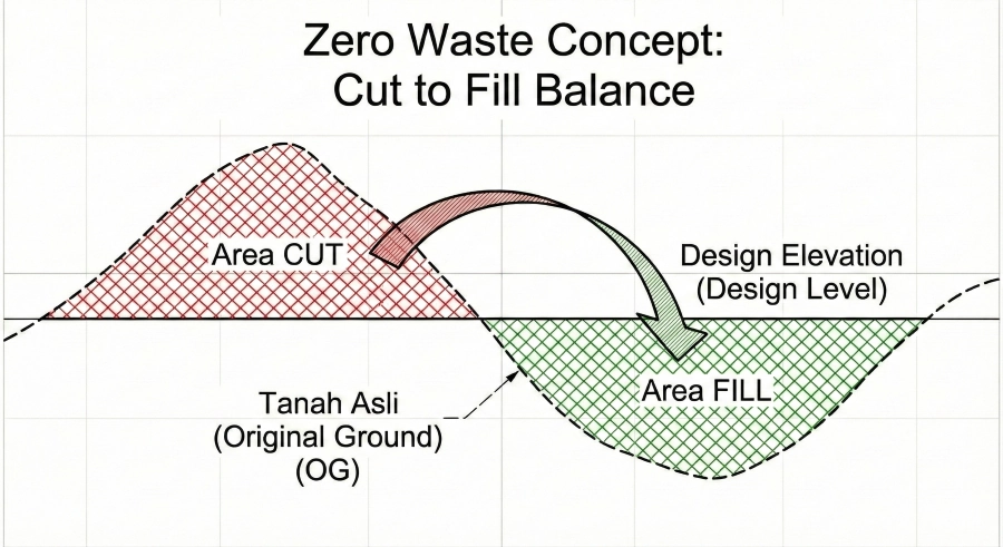 Technical cross-section illustration explaining the Zero Waste Mass Balance concept in earthworks.