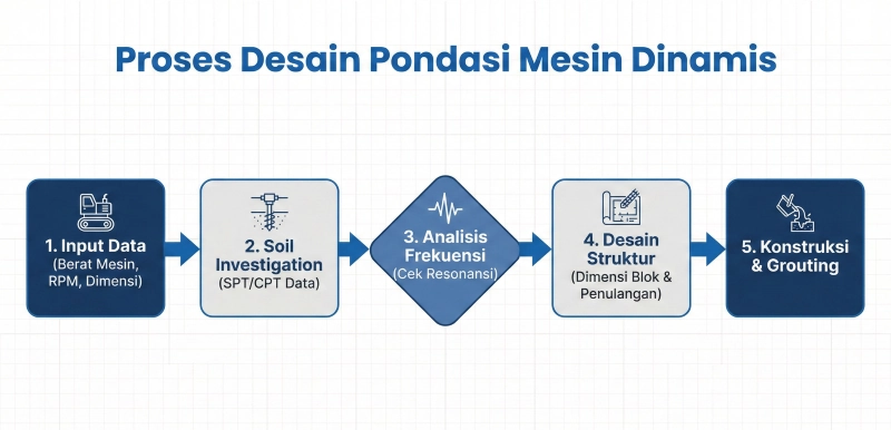 Infografis diagram alur yang menunjukkan lima tahapan proses desain pondasi mesin dinamis oleh PT Pelita Isiana Pratama: Input Data Mesin, Investigasi Tanah (Soil Investigation), Analisis Frekuensi Getaran, Desain Struktur Blok & Penulangan, hingga Konstruksi & Grouting.