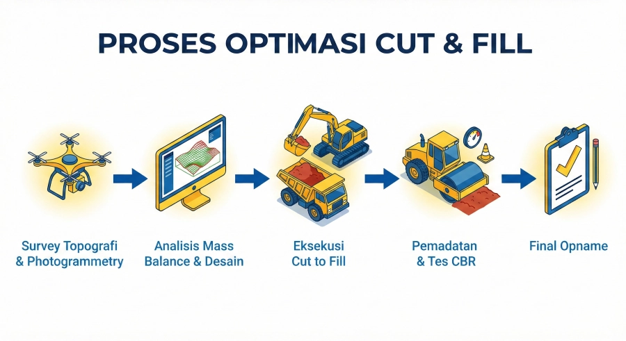Infografis diagram alur berjudul "Proses Optimasi Cut & Fill" dengan lima langkah ikonik: Survey Topografi, Analisis Mass Balance, Eksekusi, Pemadatan, dan Final Opname.