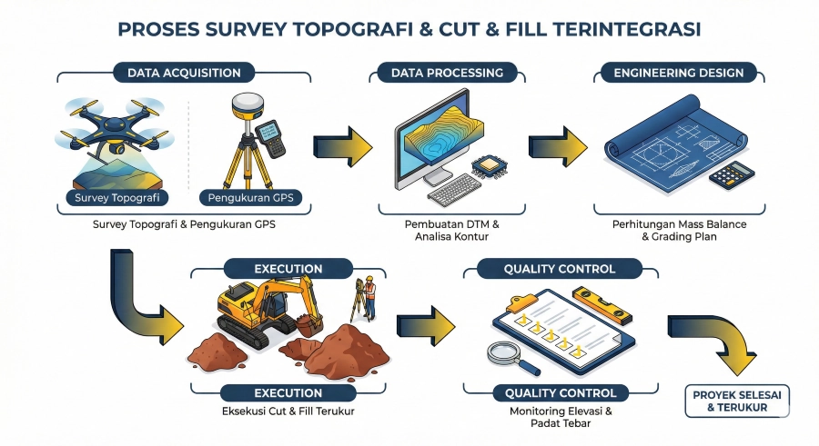 Infografis diagram alur proses survey topografi dan cut & fill terintegrasi dari PT Pelita Isiana Pratama.