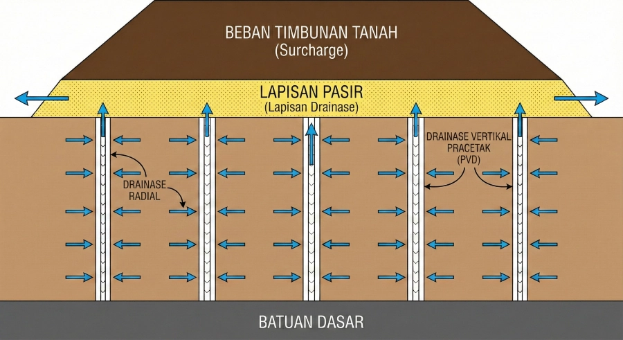Diagram penampang teknis yang menunjukkan cara kerja PVD dan beban timbunan (preloading) untuk mempercepat keluarnya air dari tanah lunak melalui drainase radial.