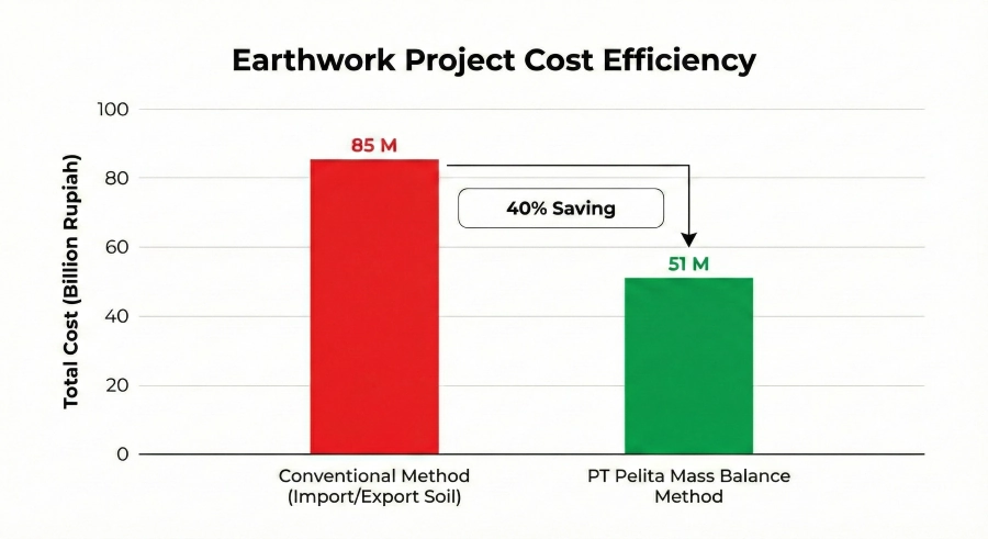 Bar chart titled "Efisiensi Biaya Proyek Earthwork". A tall red bar shows "Metode Konvensional" (85 M), while a lower green bar shows "Metode Mass Balance PT Pelita" (51 M), with an indicator arrow showing "Penghematan 40%".