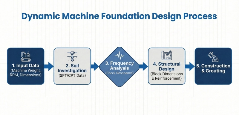 Infographic flowchart showing five stages of the dynamic machine foundation design process by PT Pelita Isiana Pratama: Machine Data Input, Soil Investigation, Vibration Frequency Analysis, Block Structure & Reinforcement Design, to Construction & Grouting.