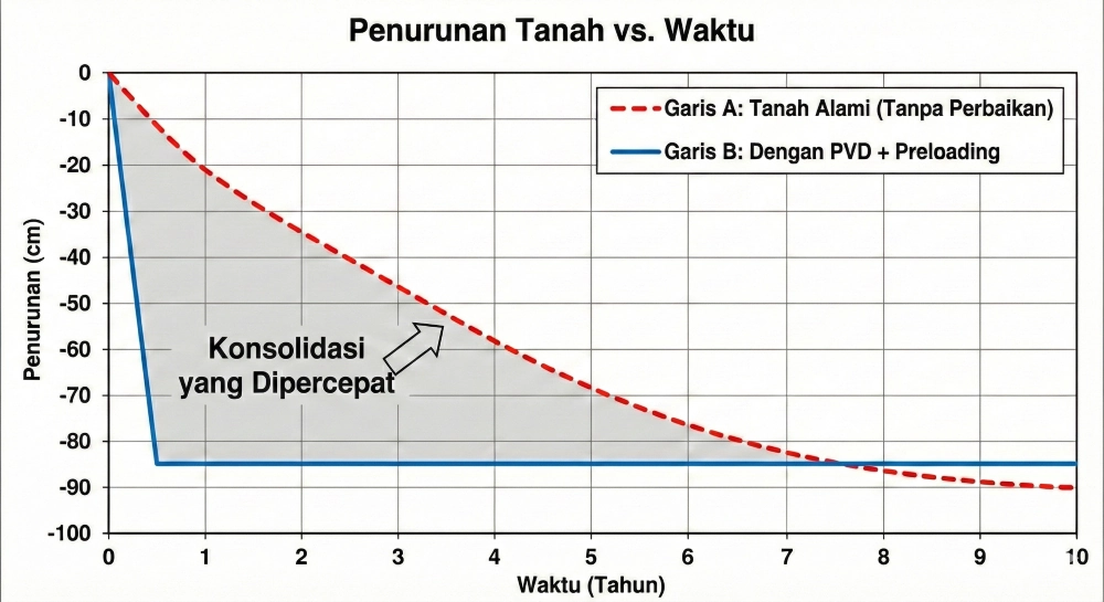 Grafik kurva garis yang membandingkan penurunan tanah terhadap waktu antara tanah alami tanpa perbaikan dan tanah dengan metode PVD + Preloading.