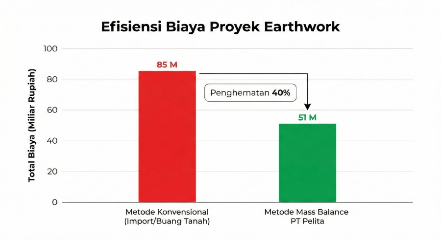 Grafik batang berjudul "Efisiensi Biaya Proyek Earthwork". Batang merah tinggi menunjukkan "Metode Konvensional" (85 M), sedangkan batang hijau yang lebih rendah menunjukkan "Metode Mass Balance PT Pelita" (51 M), dengan panah indikator "Penghematan 40%".