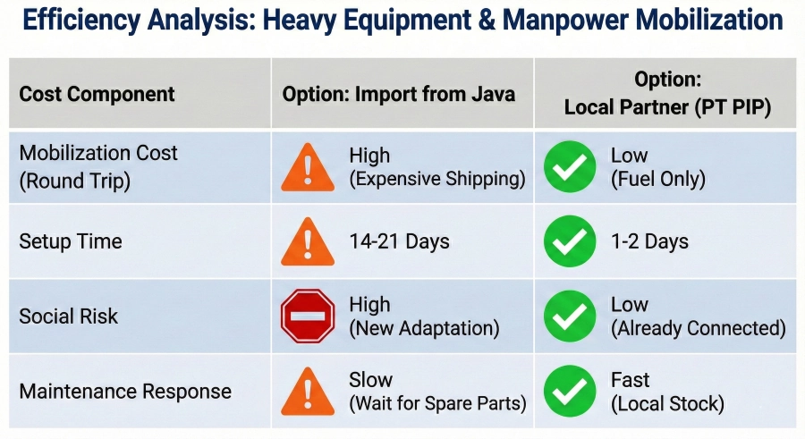 Efficiency analysis table comparing 'Option: Import from Java' (many orange/red warning signs) with 'Option: Local Partner PT PIP' (many green checkmarks) for Mobilization Cost, Setup Time, Social Risk, and Maintenance Response components.