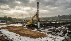 Heavy PVD rig equipment installing soft soil improvement in a Kalimantan peat swamp area under a cloudy sky.