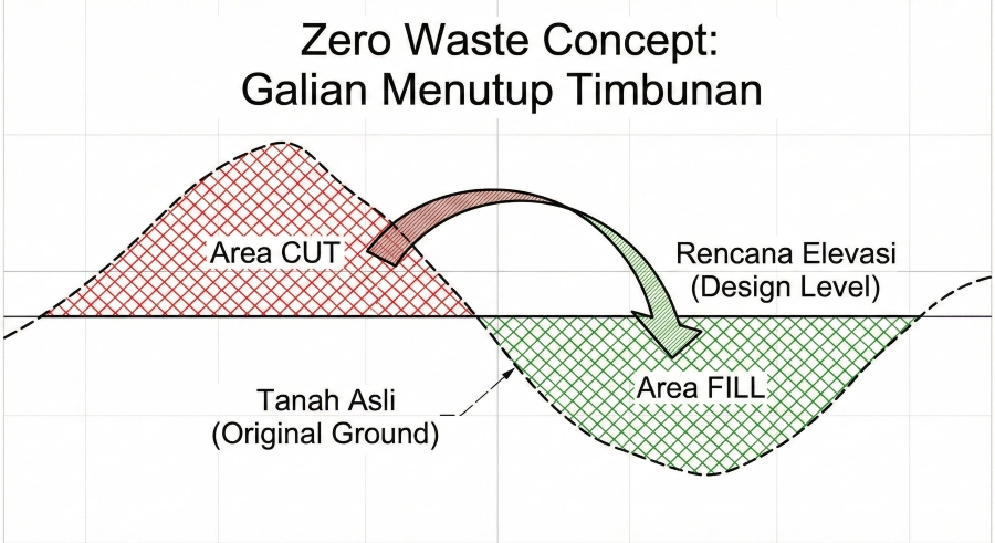 Ilustrasi penampang melintang teknis yang menjelaskan konsep Zero Waste Mass Balance dalam pekerjaan tanah.