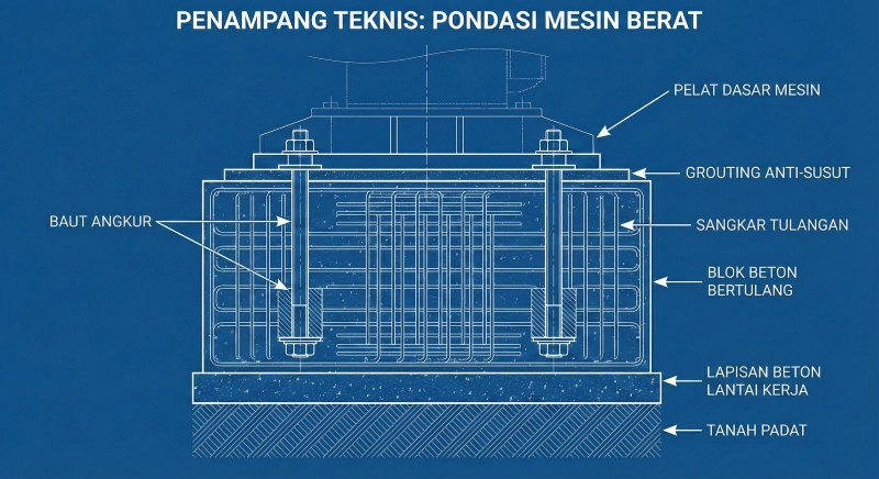 Gambar teknis potongan melintang (cross-section) dari pondasi blok beton bertulang untuk mesin berat, menampilkan detail lapisan tanah padat, beton lantai kerja, tulangan besi, baut angkur yang tertanam dalam, lapisan non-shrink grout, dan baseplate mesin di bagian atas.