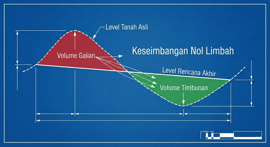 Diagram potongan melintang teknis berlatar biru cetak biru, menunjukkan "Level Tanah Asli" (garis putus) dan "Level Rencana Akhir" (garis tegas). Area merah "Volume Galian" dipindahkan ke area hijau "Volume Timbunan" untuk mencapai "Keseimbangan Nol Limbah".