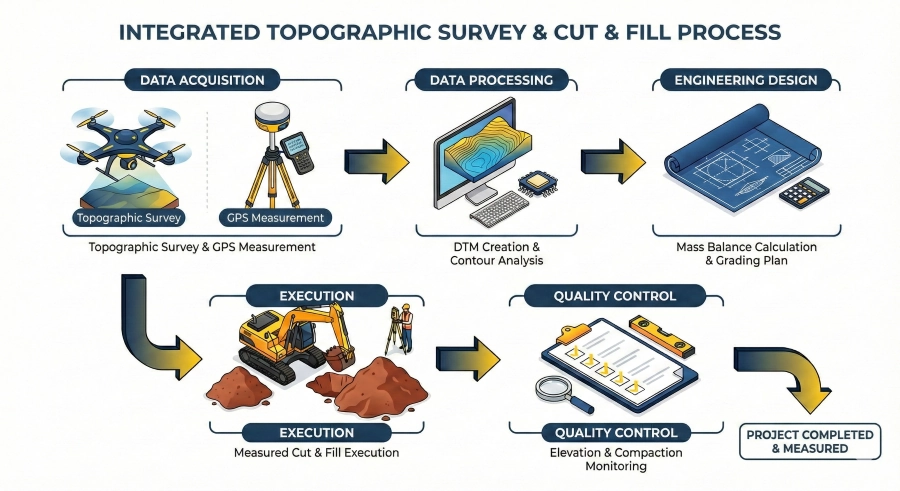 Infographic flowchart of PT Pelita Isiana Pratama's integrated topographic survey and cut & fill process.