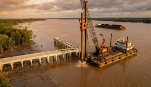 Crane barge driving steel piles for coal jetty construction in a Kalimantan river by Kalimantan Jetty Contractor PT PIP.