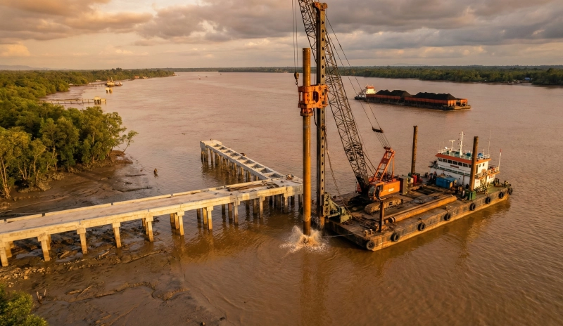 Crane barge driving steel piles for coal jetty construction in a Kalimantan river by Kalimantan Jetty Contractor PT PIP.