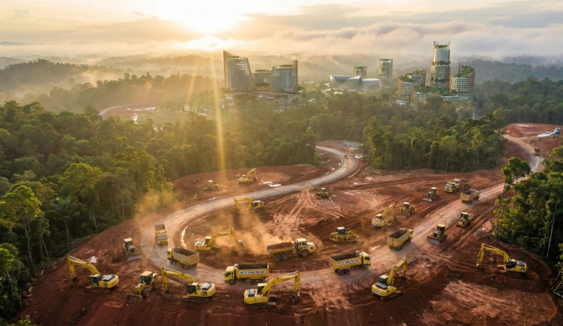 Pemandangan udara aktivitas alat berat kontraktor lokal melakukan pematangan lahan dan konstruksi jalan di tengah hutan Kalimantan dengan latar belakang visi futuristik IKN Nusantara saat matahari terbit.