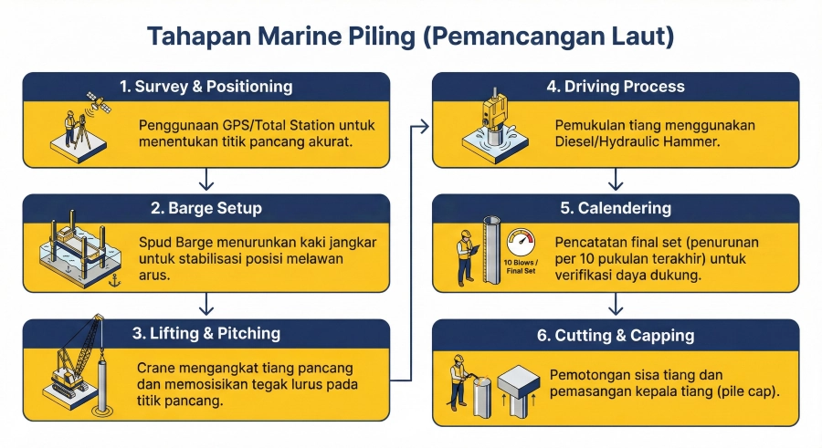 Flowchart of marine piling work method stages from survey to pile calendering.
