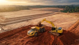 Foto udara drone menunjukkan aktivitas alat berat excavator dan dump truck di proyek pematangan lahan skala besar di Kalimantan dengan overlay garis kontur topografi digital yang menyala.