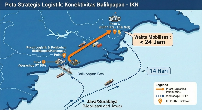 Peta infografis membandingkan waktu mobilisasi logistik ke Titik Nol IKN: Rute oranye cepat (