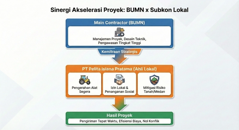 Diagram alur vertikal berjudul 'Sinergi Akselerasi Proyek' yang menunjukkan aliran kerja sama dari Main Contractor BUMN, melalui Kemitraan Strategis dengan PT Pelita Isiana Pratama (Ahli Lokal), menghasilkan Pengiriman Tepat Waktu dan Efisiensi Biaya.
