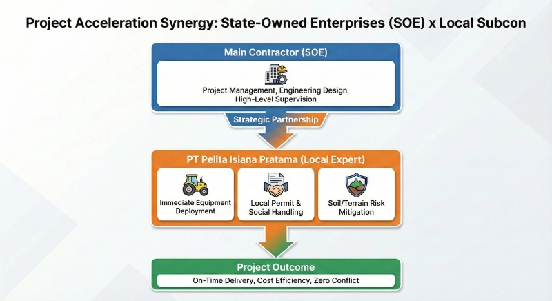 Vertical flowchart diagram titled 'Project Acceleration Synergy' showing the flow of cooperation from Main Contractor SOE, through Strategic Partnership with PT Pelita Isiana Pratama (Local Expert), resulting in On-Time Delivery and Cost Efficiency project outcomes.