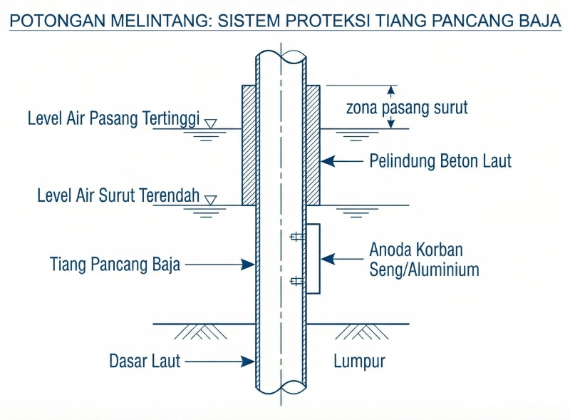Technical cross-section illustration of cathodic protection system and concrete cover on wharf piles.